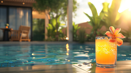 Fototapeta na wymiar Cocktail in a glass near the blue pool