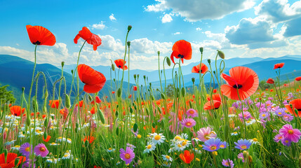 Poppies wildflowers  spring landscape, beautiful idyllic rural background