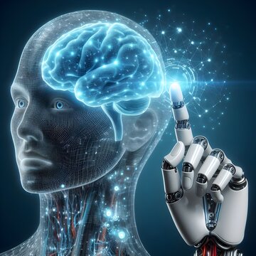 Robot hand touching a human brain, depicting machine learning ,data science, deep learning 