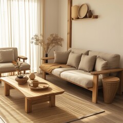 Fototapeta na wymiar Japandi furniture is a design aesthetic that seamlessly combines elements of Japanese minimalism with Scandinavian functionality, resulting in a harmonious and balanced interior style. 