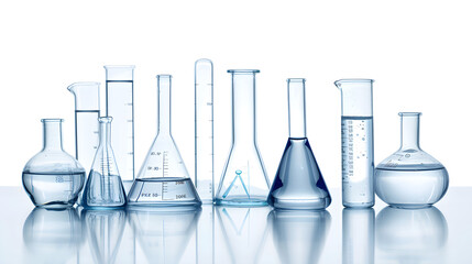 Glass laboratory flasks with liquid for experiments on a white isolated background - obrazy, fototapety, plakaty