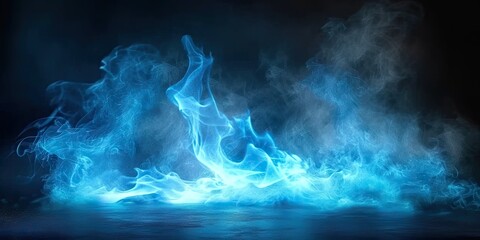 Smoke swirls in abstract artistry light and shadow dance in blue fire and black background. Elegant curves and flowing forms mystical display of air and energy. Fog and graceful lines in motion