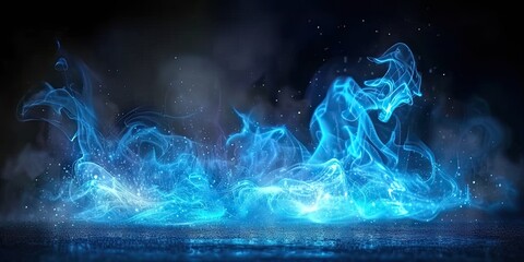 Smoke swirls in abstract artistry light and shadow dance in blue fire and black background. Elegant curves and flowing forms mystical display of air and energy. Fog and graceful lines in motion