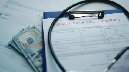 Health insurance form, money and prescription on desk, expensive healthcare