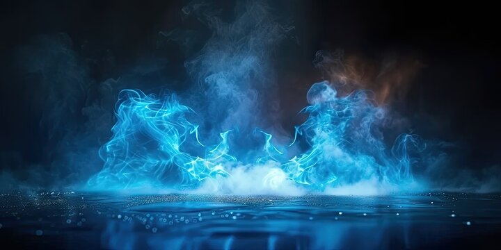 Smoke swirls in abstract artistry light and shadow dance in blue fire and black background. Elegant curves and flowing forms mystical display of air and energy. Fog and graceful lines in motion