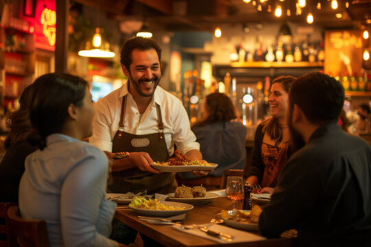 A Group Of Customers Is Enjoying A Lively Moment In A Cozy, Warmly Lit Bar As A Server With A Friendly Demeanor Delivers Delicious Food To Their Table