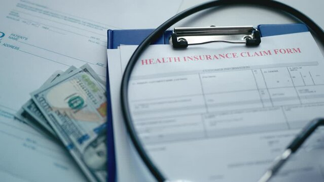 Health insurance form, money and prescription on desk, expensive healthcare