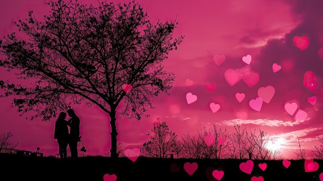 romantic pink valentine's day wallpaper background,romantic couple silhouette,valentine's day concept