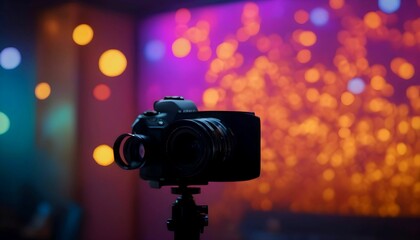 camera closeup on blurred lights background