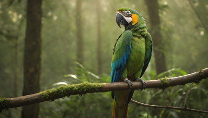 Obraz premium Majestic Blue and Yellow Macaw Perched in a Lush Rainforest Bathed in Sunlight