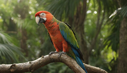 Majestic red and green Macaw Perched in a Lush Rainforest Bathed in Sunlight