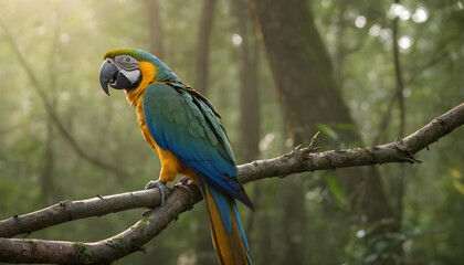 Obraz premium Majestic Blue and Yellow Macaw Perched in a Lush Rainforest Bathed in Sunlight