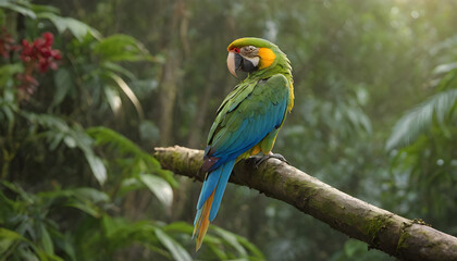 Fototapeta premium Majestic Blue and Yellow Macaw Perched in a Lush Rainforest Bathed in Sunlight
