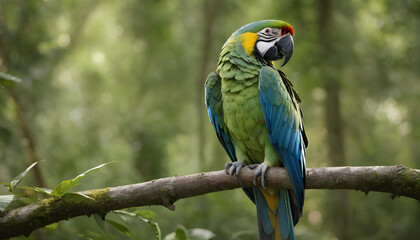 Fototapeta premium Majestic Blue and Yellow Macaw Perched in a Lush Rainforest Bathed in Sunlight