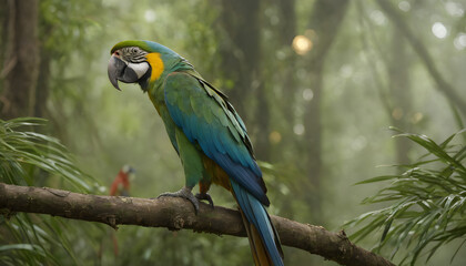 Obraz premium Majestic Blue and Yellow Macaw Perched in a Lush Rainforest Bathed in Sunlight