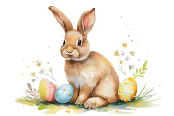 Easter and cutie rabbit surrounded by flowers watercolor paintisolated  background.