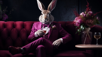 Rabbit as an aristocrat. elegant easter bunny in a suit holding cocktail, in an elegant room with opulent architecture. Concept: easter holidays, funny and original concept. - obrazy, fototapety, plakaty