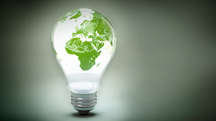 World map on lit lightbulb. 3D illustration