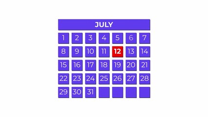 12th July calendar icon animation. Alpha matte with transparent background 4K resolution.