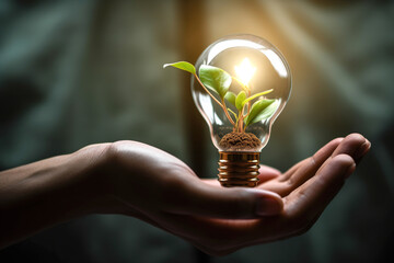 Hand holding bulb with green leaf