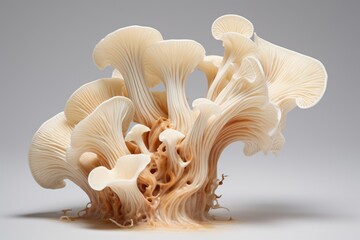 A cluster of mushrooms arranged on top of a plain table, creating a picturesque scene., Mushroom in the form of a wave on a white background, AI Generated