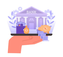 Online banking. Digital finance management concept with bank building, cash wallet and savings piggy bank on mobile app vector illustration