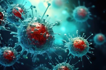 This image shows a collection of red and blue coronas glowing brightly against a dark background., Nanoparticles destroying cancer cells, nanoparticles cancer therapy, AI Generated