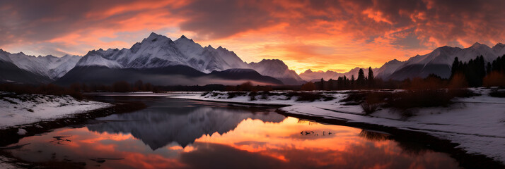 Fototapeta na wymiar Epic Grandeur of Sunset over Majestic Mountain Range: A Symphony of Light and Shadows