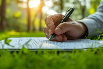 Hand of businessman sign on a contract with green spring background.Generative AI.