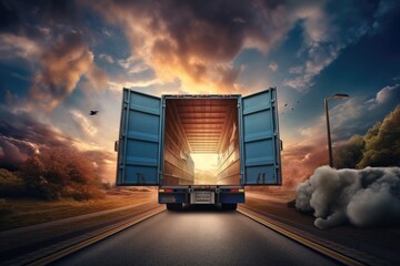 A truck is seen driving on a road as smoke billows out from the back of the vehicle., New home transition symbolized by a loaded moving truck's open door, AI Generated - obrazy, fototapety, plakaty