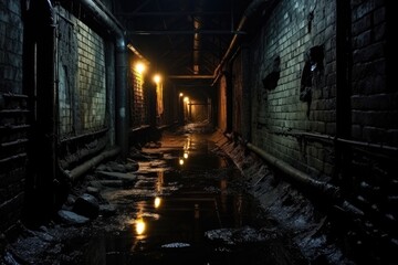 A dimly lit alleyway with a reflective puddle of water on the ground., Old urban underground tunnel, abandoned dark scary passage like sewer, AI Generated
