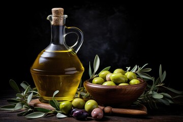 A delicious combination of olive oil and olives, perfect for enhancing your meals., Olive oil bottle and olives and leaves on dark background, AI Generated