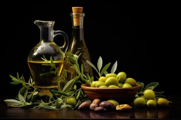 A bowl of olives placed next to a bottle of aromatic olive oil, ready to be enjoyed., Olive oil bottle and olives and leaves on dark background, AI Generated