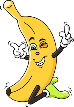 Auf den Boden rutschende cartoon/ comic Banane mit Zeigefingern in der Luft Illustration freigestellt/ clipart
