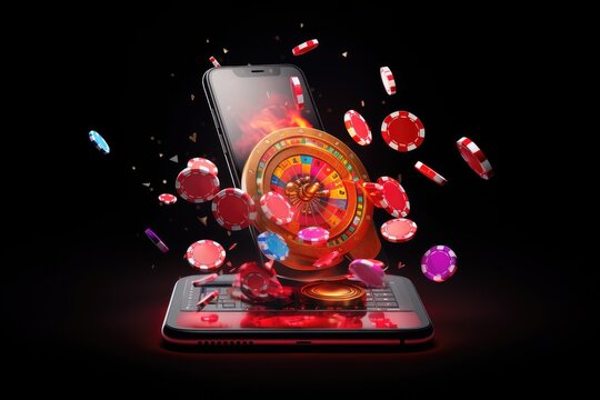 An image of a laptop computer with a casino wheel displayed on its screen., online casinos, big gambling in your smartphone, illustration of gambling mobile apps, AI Generated
