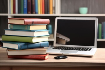 A laptop computer rests on top of a wooden desk, creating a functional workspace with modern technology., Organized pile of books on a desk with a laptop, E-learning concept, AI Generated