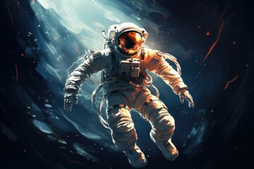 Witness a man in an astronaut suit floating weightlessly in space as he embarks on an extraordinary journey of exploration., Ð¡osmonaut in modern spacesuit, life of an astronaft, AI Generated - obrazy, fototapety, plakaty