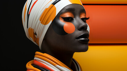 An african woman with black lipstick wearing a colorful head scarf against a colourful background. Orange face paint.