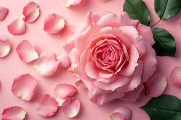 Top view of a pink rose flower on an isolated background, suitable for wedding invitations, Valentine's Day, or Mother's Day cards.