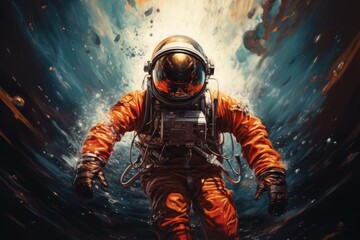 Obraz premium A man in a space suit explores a tunnel during a mission., Ð¡osmonaut in modern spacesuit, life of an astronaft, AI Generated