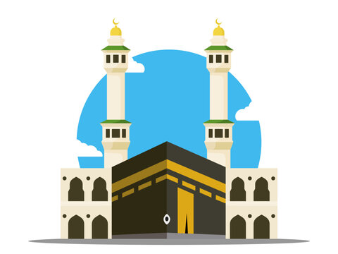 Masjidil Haram and Kaaba Vector flat Illustration. Famous mosque illustration Concept Isolated Premium Vector. Hajj or Umrah  Cartoon Illustration