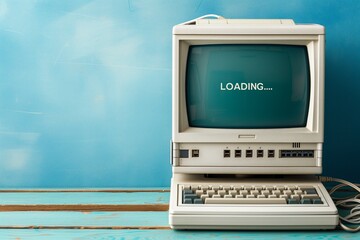 Old Computer Booting Up on Blue Background. Generative ai