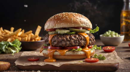 Cheese burger - American cheese burger with fresh vegetables on wooden background - obrazy, fototapety, plakaty