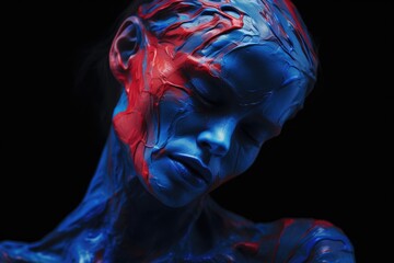 Naklejka premium A woman with blue and red paint on her face, creating a vibrant and striking artistic expression., Pain highlighted in blue and red in persons body, AI Generated