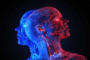 A detailed and accurate blue and red model of the head and neck, designed for educational and medical purposes., Pain highlighted in blue and red in persons body, AI Generated