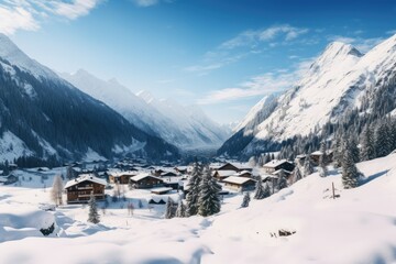 Fototapeta na wymiar A picturesque winter scene of a village nestled in the mountains, covered in snow and surrounded by trees., Panoramic view of village in winter, mountain landscape on Christmas, AI Generated