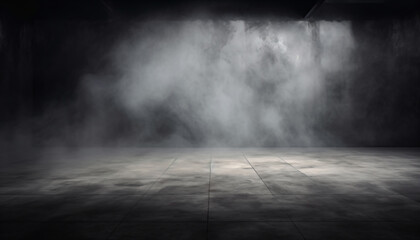 Background of an empty dark room. Empty walls, lights, smoke, Abstract light in a dark empty street with smoke. Dark street, night smog and smoke. 