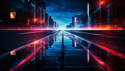 Fototapeta na wymiar Dark street, reflection of neon light on wet asphalt. Rays of light and red laser light in the dark. Night view of the street, abtract colorful futuristic night city background. 