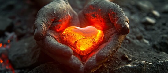 Burning Hot Loving Hearts Held by Stone Hands