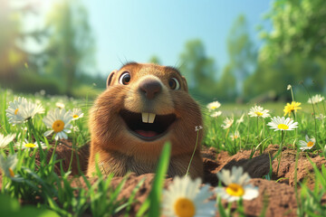 smiling groundhog pops out of hole in flower meadow on groundhog day